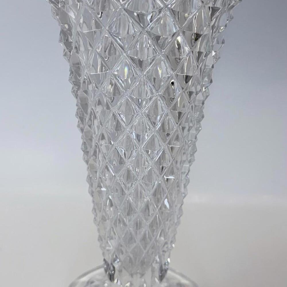 Vintage Clear Pressed Glass Trumpet Vase Diamond Pattern 8” Fluted Rim